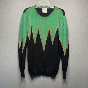 Vintage Carducci Black & Green Sweater With Gold Zigzag Design Angora Blend S